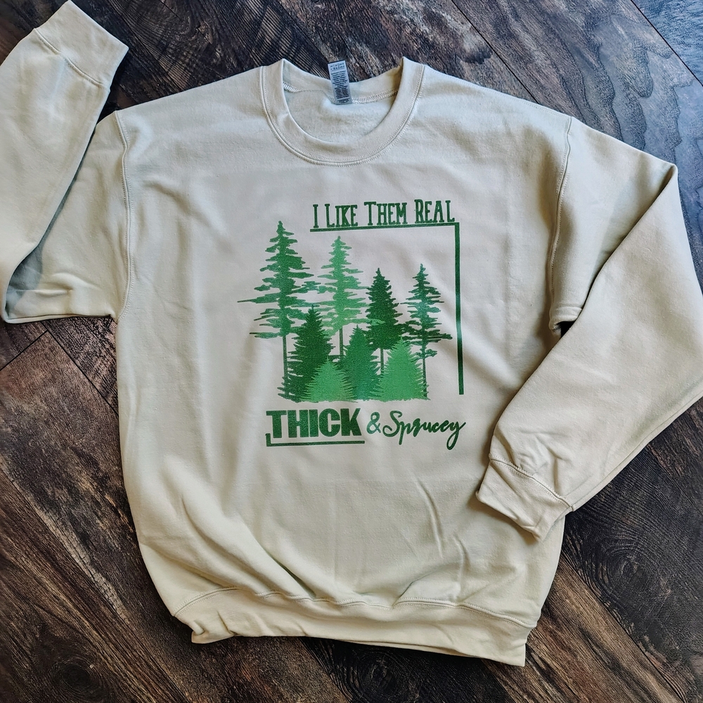 Gildan Cream Sweater with Green Print